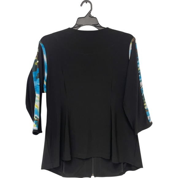 Picadilly Womens Black Blue Abstract Trim Stretch 3/4 Sleeve Zip Up Jacket Sz 1X - Picture 2 of 7